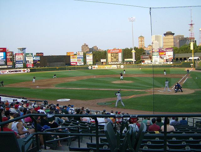 An aerial view of Frontier Field.