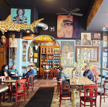 The inside of a cafe.