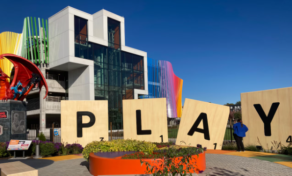 Giant letters spelling the word Play out the museum entrance.