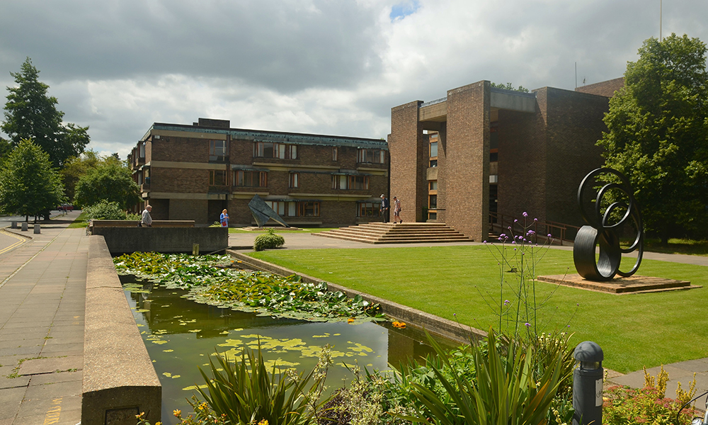 An exterior view of the entrance to Churchill College.