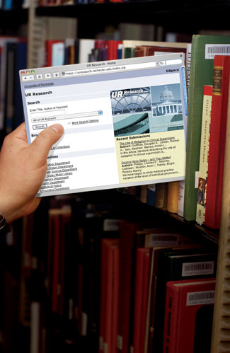 photo illustration of browser window in library stacks