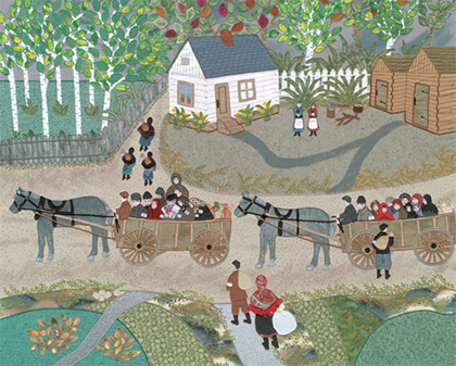 quilt scene showing villagers in horse-drawn wagons