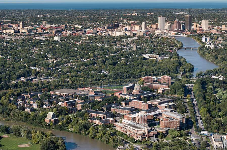 Aerial image over Rochester, a tier one research university