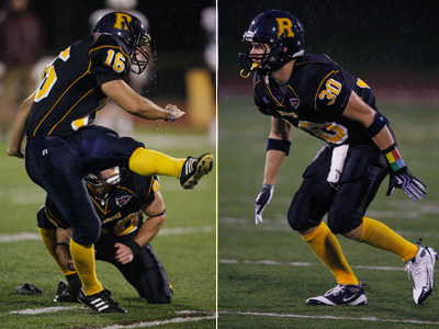 White-Stellato (l.) and Pidgeon (r.) were both keys to Rochester's 52-21 win over Merchant Marine on Saturday.