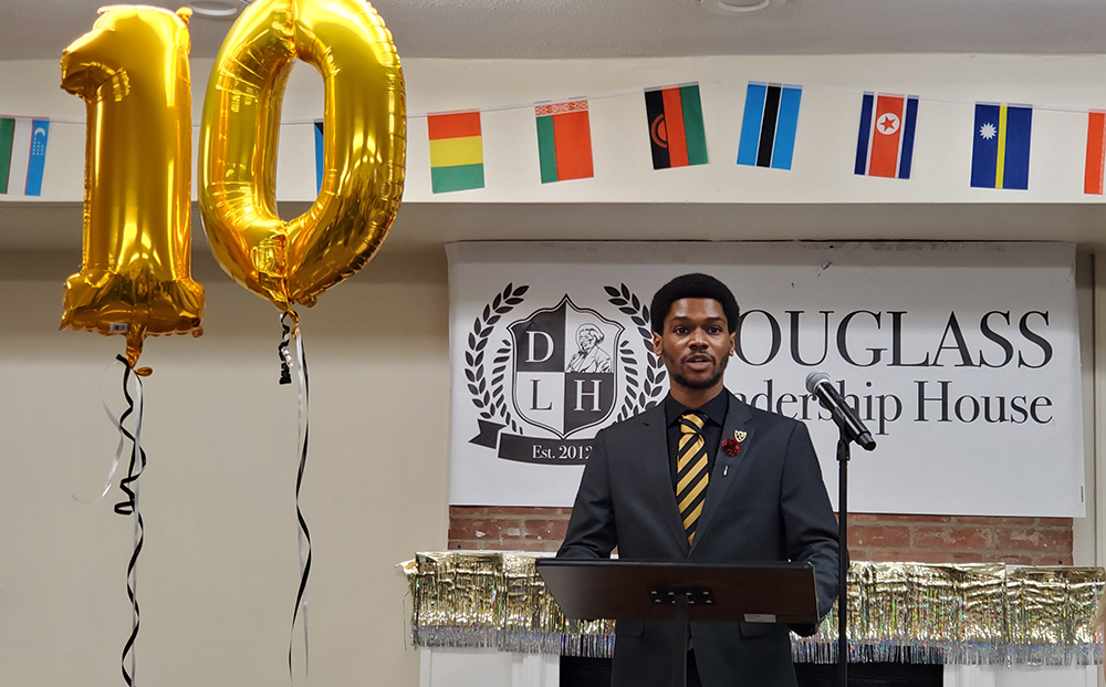 Andre Hodges ’22, president of the Douglass Leadership House, presented the commemorative address at the 10th anniversary of the house. (University of Rochester photo / Lori Packer)