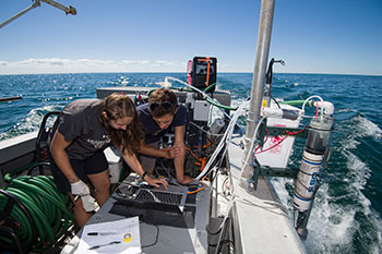 Two students analyzing water samples taken from Lake Ontario.