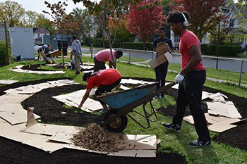Students working on a community garden project in the City of Rochester.