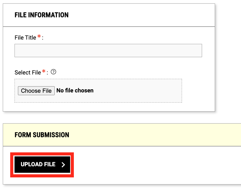 Screenshot of File Information and File Submission sections of profile with red box around the Upload File option.
