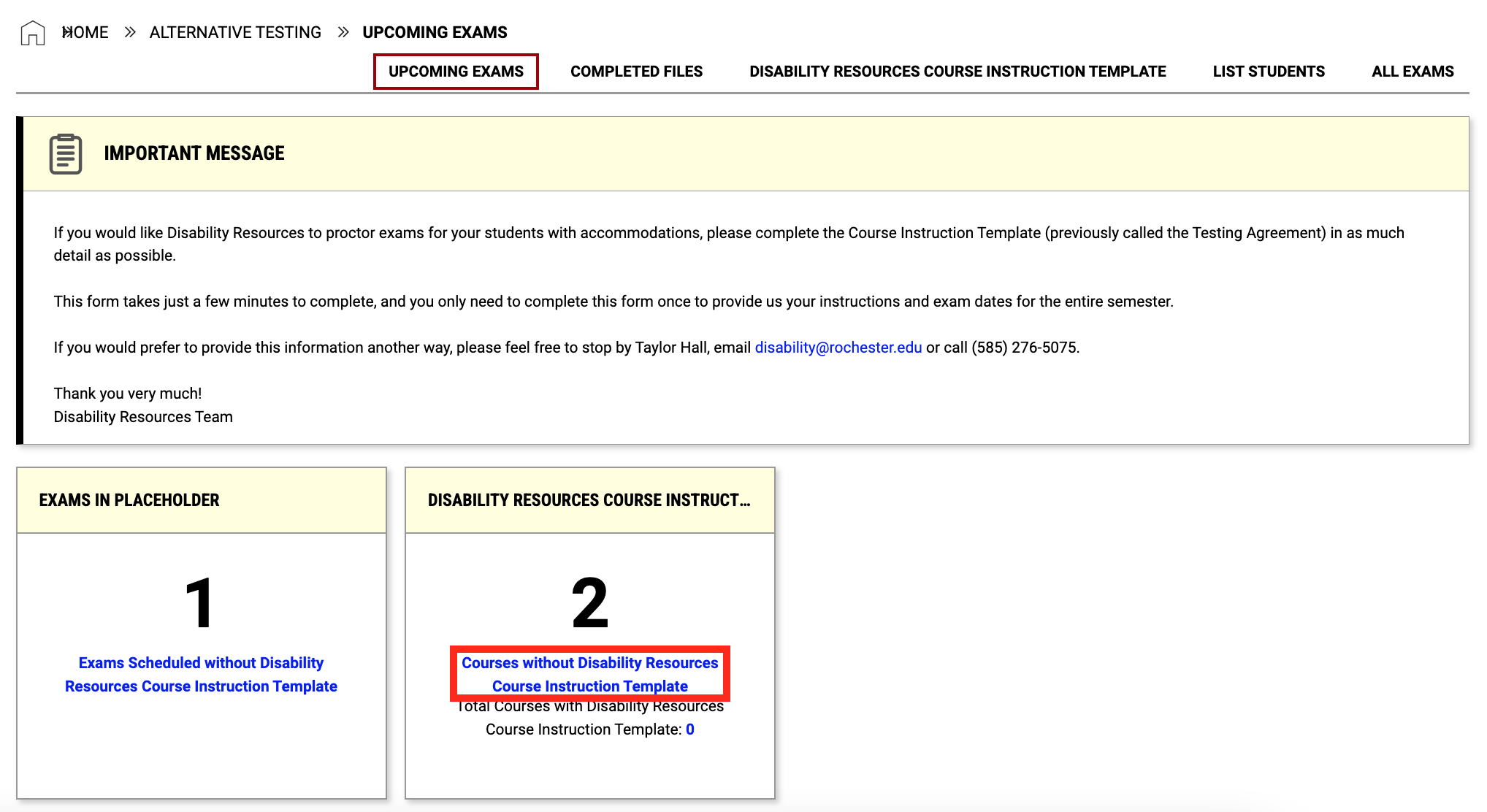 Screenshot of instructor profile with red box around option that says courses without a disability resources course instruction template.