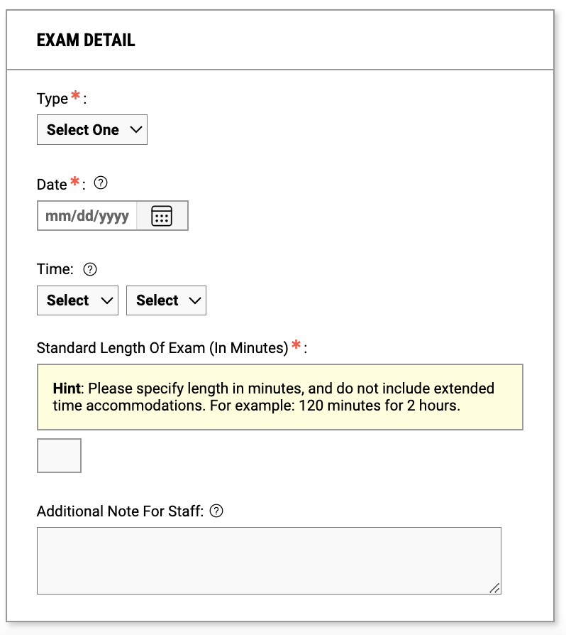 Exam date details section of instructor profile with sections for date, time, length, type, and notes. 
