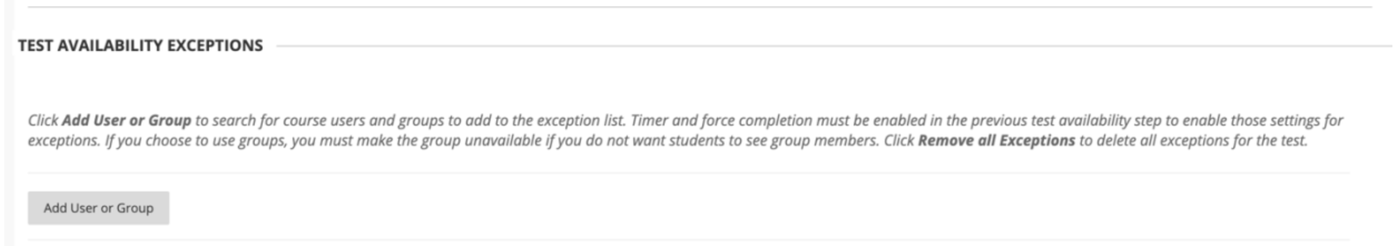 Screenshot of Blackboard Test Exception menu