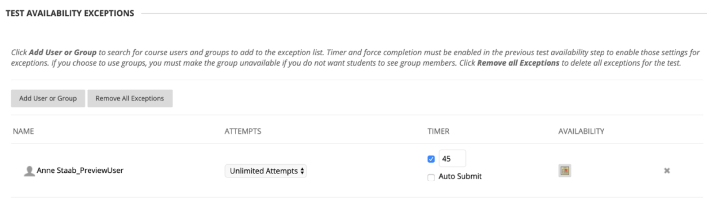 Screenshot of Blackboard Test Exception Timer