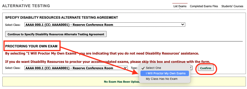 Screenshot of DR Instructor Portal Proctor Own Exam option