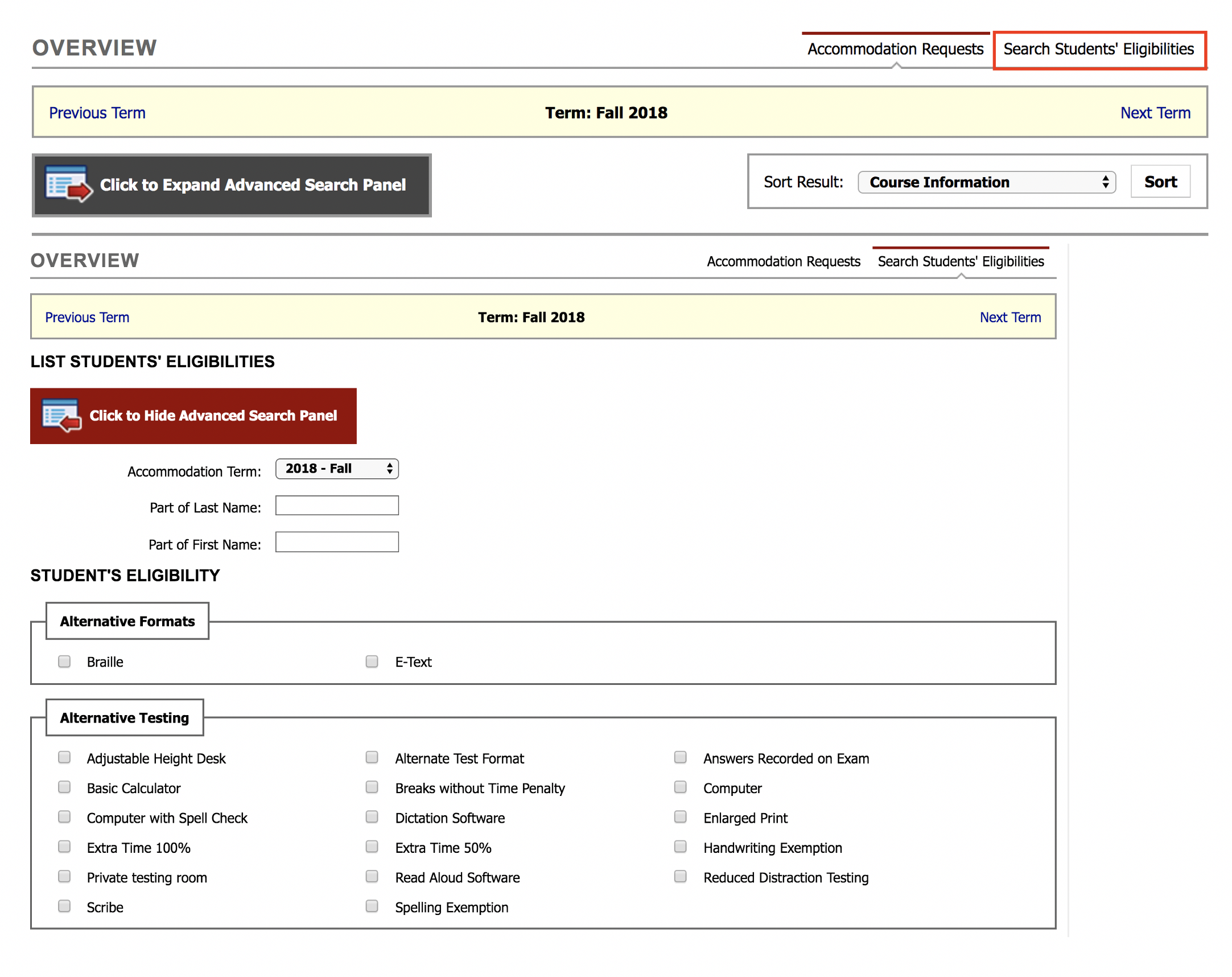 Screenshot of DR Instructor Portal Student Search Panel