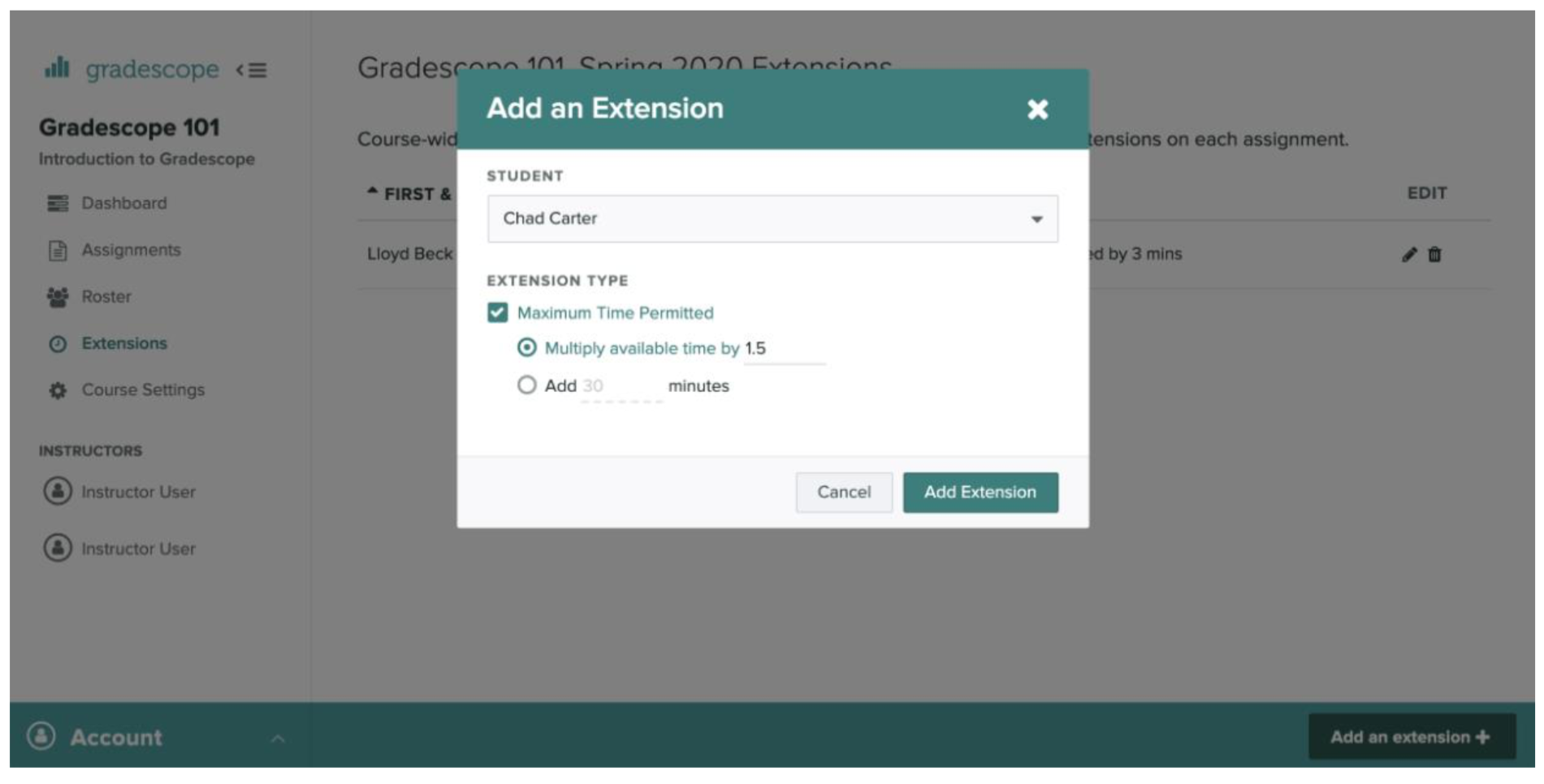 Screenshot of Gradescope Course-Level Extension