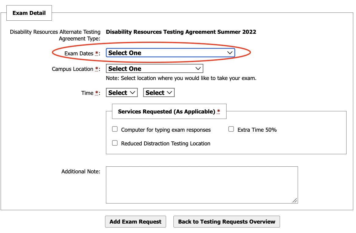 A screenshot of the exam date entry field
