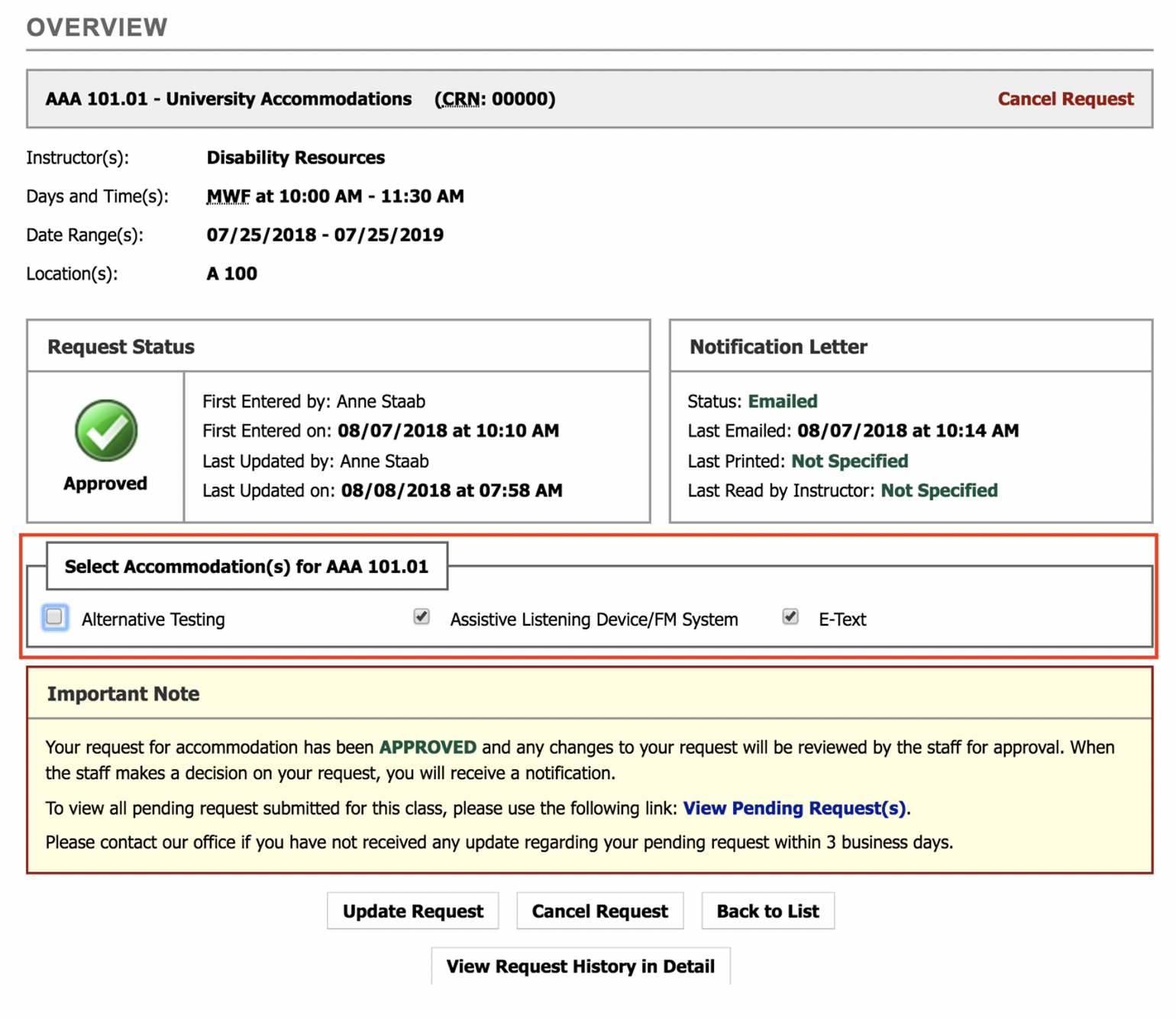 Screenshot of DR Student Portal Modify Accommodations request screen