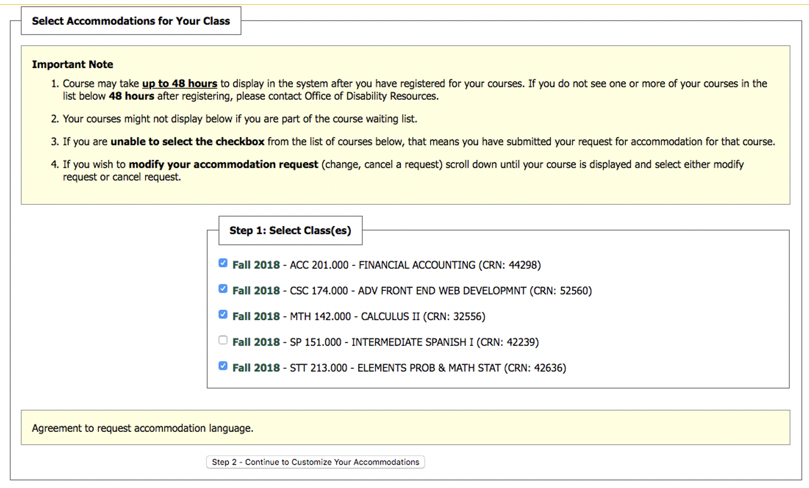 Screenshot of DR Student Portal Request Accommodations screen
