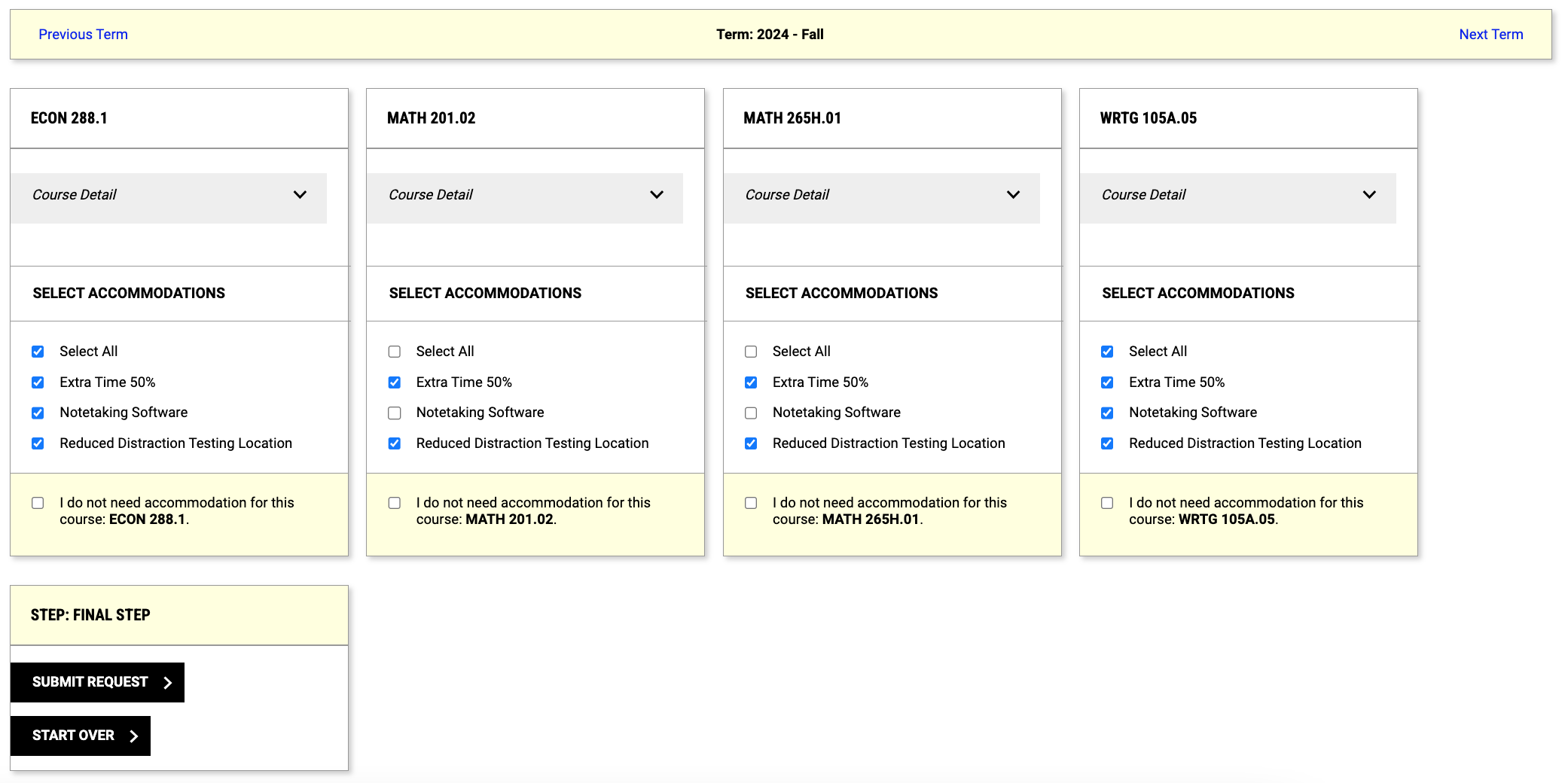 Screenshot of student profile that displays courses with accommodations listed under them. Only some accommodations are selected for some classes while other classes have all accommodations selected. At the bottom left of the page is a button that says submit requests.