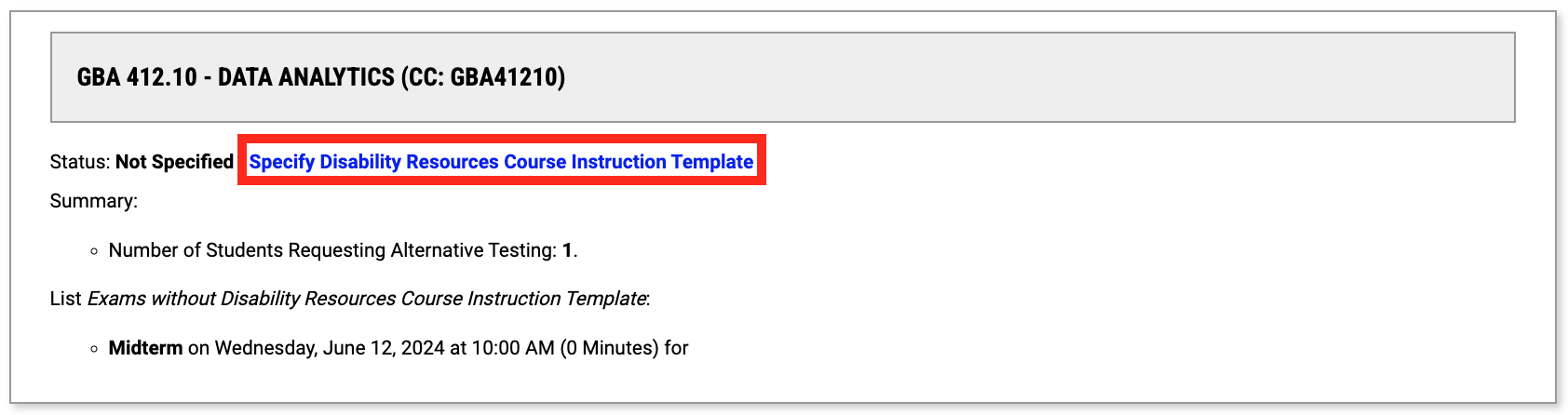 Red box around specify disability resources course instruction template option.