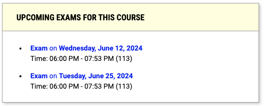 Screenshot of upcoming exams.
