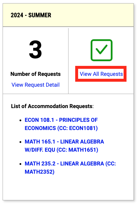 Screenshot of 2024 - Summer section of profile with a red square around the title View All Requests.
