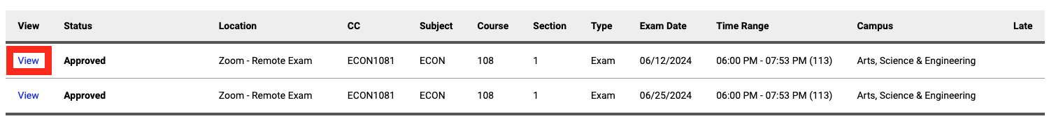 Screenshot of list of upcoming exams and details with a red box around the View option.