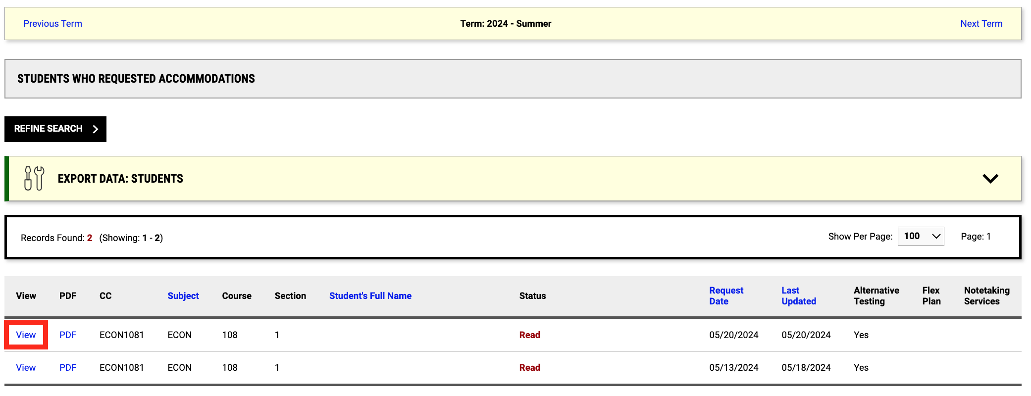 Screenshot of overview instructor page with student accommodation information and a red box around the View option next to one of the students. 