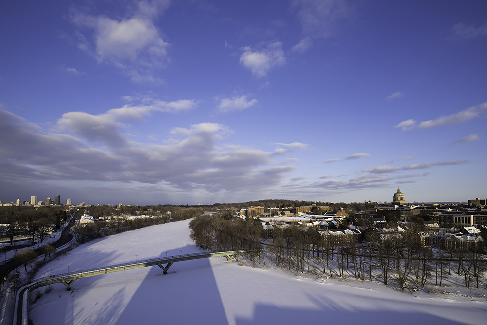 An aerial view of campus in winter.