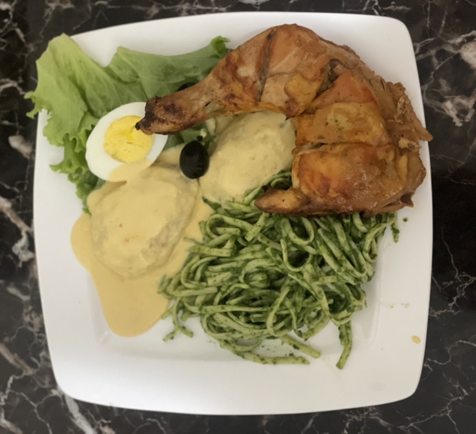 An overhead view of a plate of food.