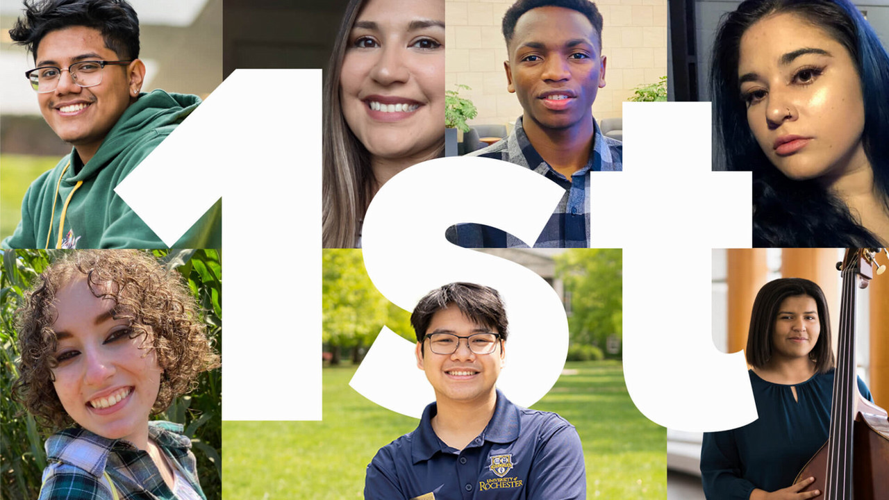 A collage of photos of first generation students at the University of Rochester with 1st as a text overlay.