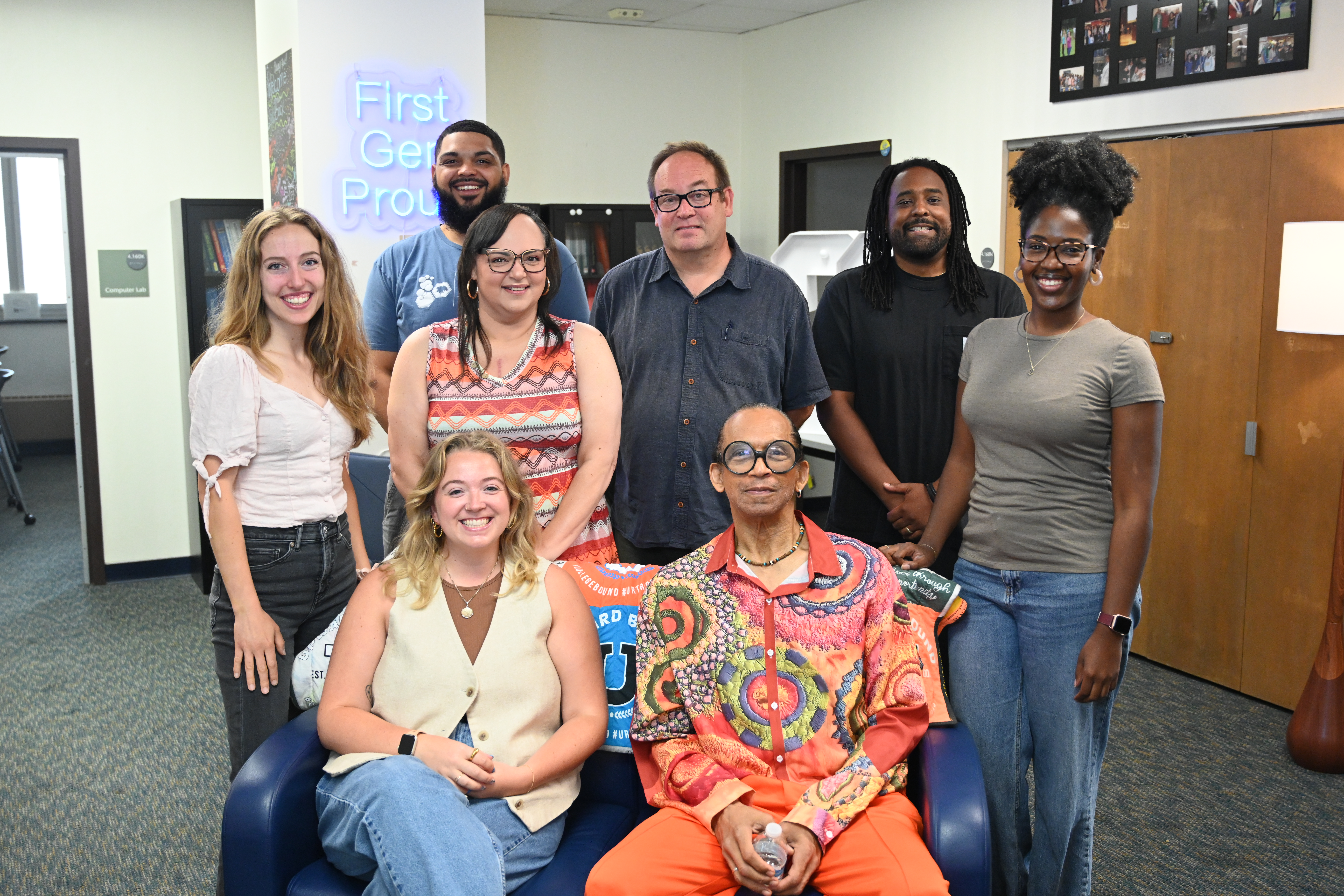 From left to right, front row: Jazmin Dunham, Melissa Raucci, Yarleny Andeliz, Samantha Branch. From left to right, back row: Aaron Banks, Jess McCane, George McCormick, Alex Williams, Claude Poux. Photo: Alexa Olson, University of Rochester