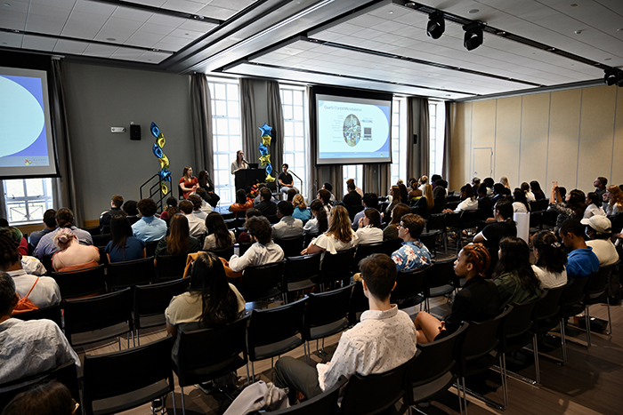Students listening to a presenter speak.