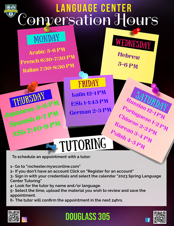 Spring 2023 conversation hours flyer.