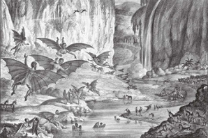 MOON DWELLERS: A famous 1830s press hoax involved reports of bat-like people and other fanciful creatures supposedly seen on the moon by an astronomer. (Credit: Library of Congress)