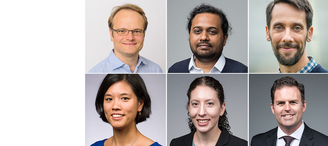 Clockwise from top left, Rochester researchers Ralf Haefner, Sreepathi Pai, Ross Maddox, Thomas Howard, Andrea Pickel, and Jessica Shang are this year's recipients of the National Science Foundation's CAREER Awards.