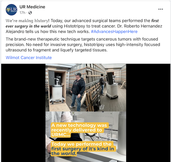 Screenshot of the UR Medicine Facebook page showing a new, large device being delivered to a hospital