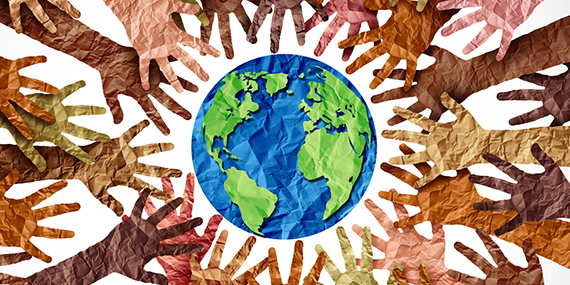 An illustration of many hands surrounding the Earth