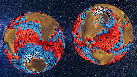 Illustration showing two views of Earth with ocean weather systems (mesoscale eddies, energized ones in red, weakened ones in blue) from data overlaied with atmospherically driven climate-scale currents (black lines).