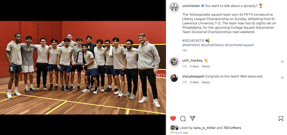 Men's squash players in University of Rochester gear pictured on a squash court