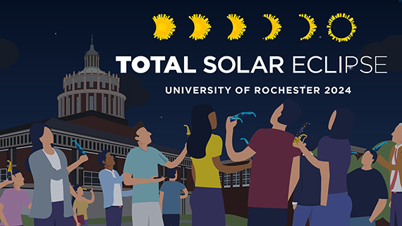 An illustration of people standing near the Rush Rhees Library staring up at the sky with a graphic that says "TOTAL SOLAR ECLIPSE UNIVERSITY OF ROCHESTER 2024"
