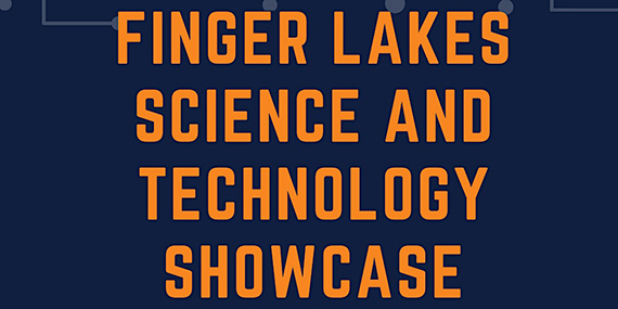 An blue graphic with orange text that says "FINGER LAKES SCIENCE AND TECHNOLOGY SHOWCASE"