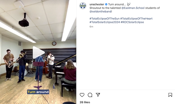 Screenshot of the University of Rochester Instagram page with five members of a student band