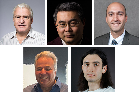 Headshots of five Hajim School faculty and staff awards: Eby Friedman, Jiebo Luo, Hesam Askari, Tim Woodward, and Mason Garlatti.