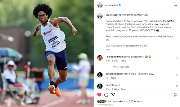 Student in University of Rochester track uniform participating in the triple jump
