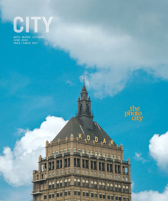 The cover of June edition of CITY Magazine, which features Kodak Tower against a partly cloudy sky.