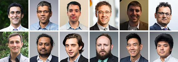 Headshots of the twelve Hajim School faculty members who received promotions. Top row: Hussein Aluie, Ajay Anand, Cantay Caliskan, Michael Giacomelli, Michael Heilemann, and Ehsan Hoque. Bottom row: Selçuk Köse, Sreepathi Pai, Marc Porosoff, Adam Purtee, Stephen Wu, and Yuhao Zhu.