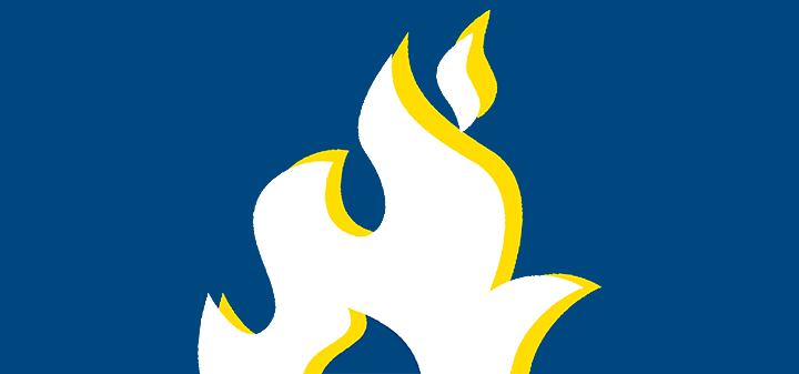 Fire icon, white and yellow flames on blue background