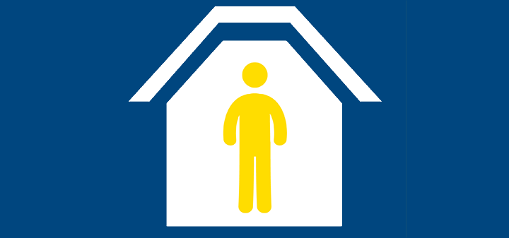 Shelter in place icon, white house with yellow person inside on blue background