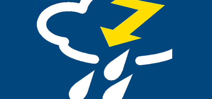 Weather icon, white cloud with rain, yellow lightning on blue background